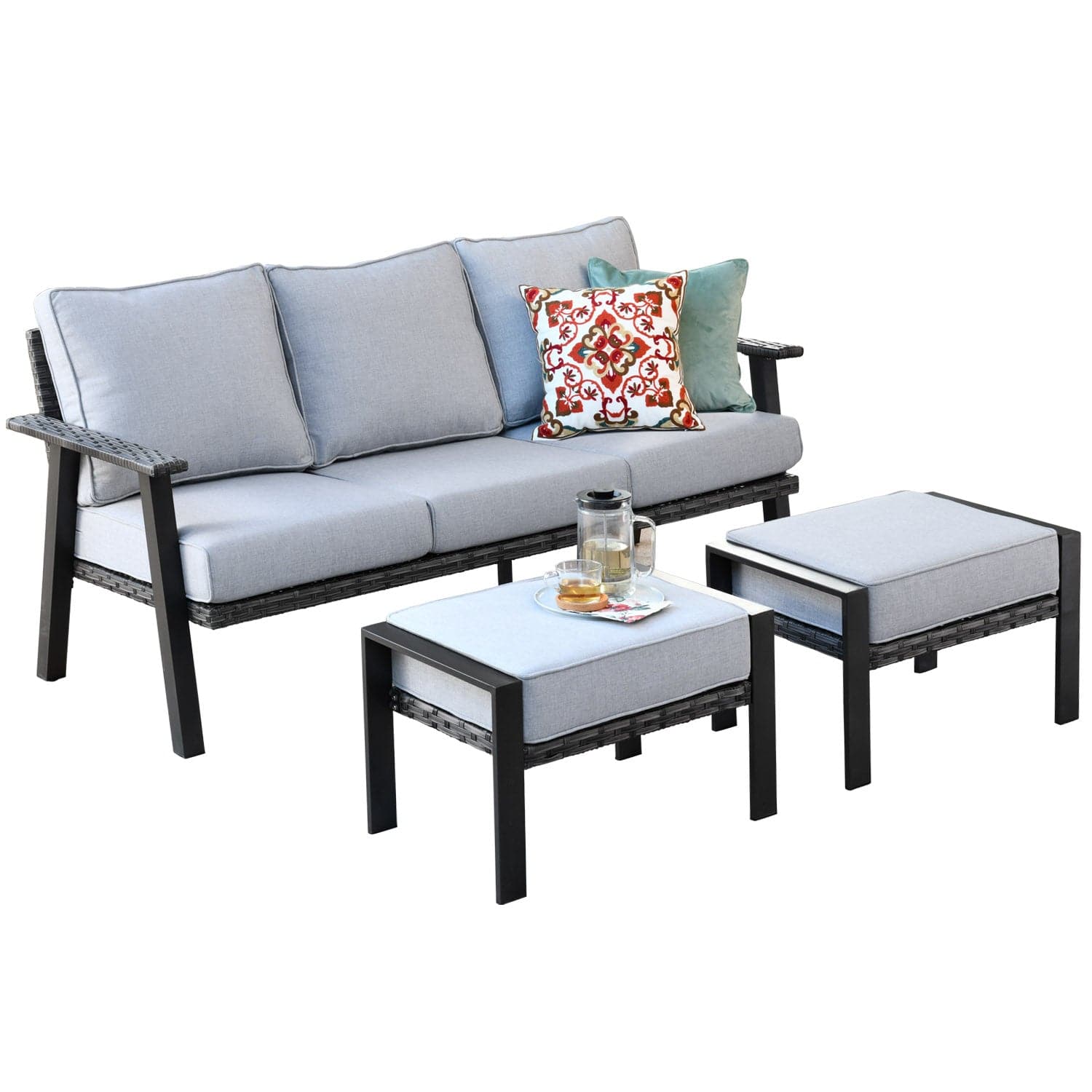 Ovios Bistro Set 3 Piece Couch with 2 Ottoman 5'' Cushion, Olefin Fabric