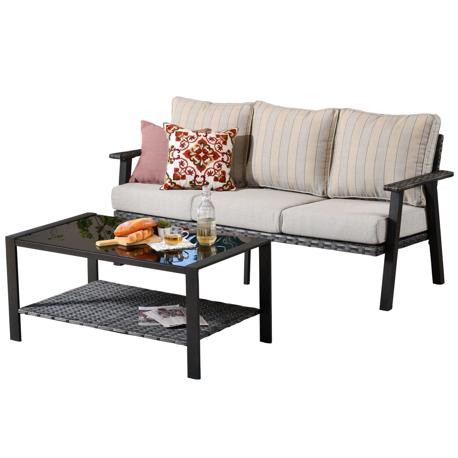 Ovios Outdoor Bistro Set with 5'' Cushion Couch and Table, Olefin Fabric