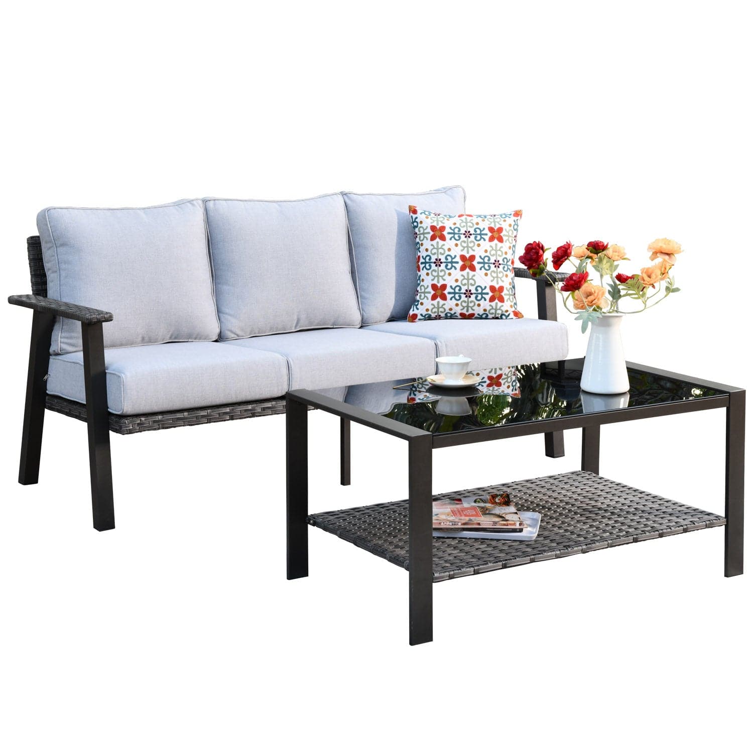 Ovios Outdoor Bistro Set with 5'' Cushion Couch and Table, Olefin Fabric