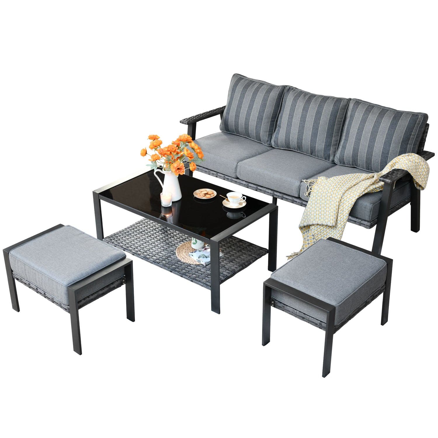 Ovios Outdoor Bistro Table Set 4 Piece with 5'' Cushion, Olefin Fabric