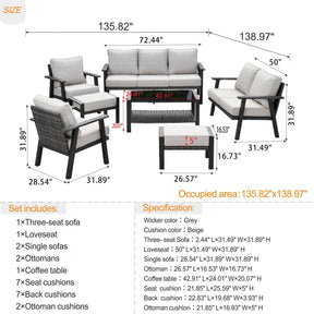Ovios Outdoor furniture 7 Piece with Table and 2 Ottomans, 5''Cushion, Olefin Fabric