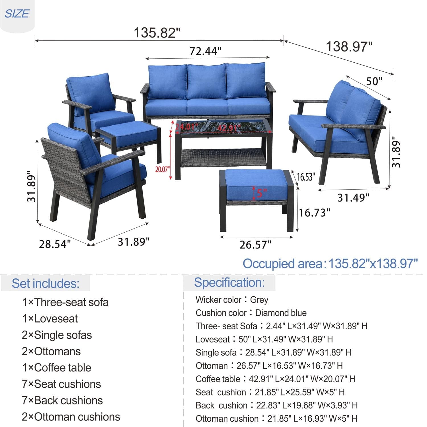 Ovios Outdoor furniture 7 Piece with Table and 2 Ottomans, 5''Cushion, Olefin Fabric