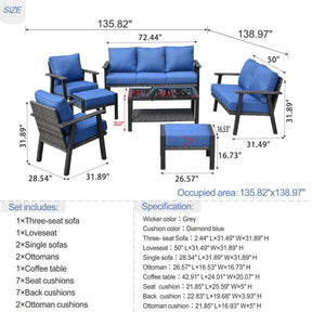 Ovios Outdoor furniture 7 Piece with Table and 2 Ottomans, 5''Cushion, Olefin Fabric