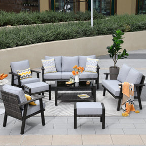 Ovios Outdoor furniture 7 Piece with Table and 2 Ottomans, 5''Cushion, Olefin Fabric