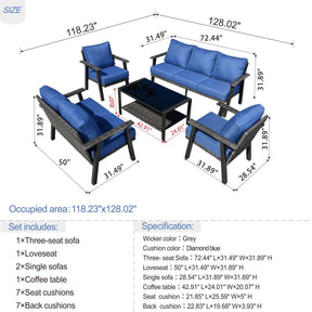 Ovios Patio Conversation Set 7 Person Seating with Table, 5''Cushion, Olefin Fabric