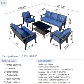 Ovios Patio Conversation Set 7 Person Seating with Table, 5''Cushion, Olefin Fabric