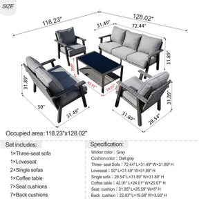 Ovios Patio Conversation Set 7 Person Seating with Table, 5''Cushion, Olefin Fabric