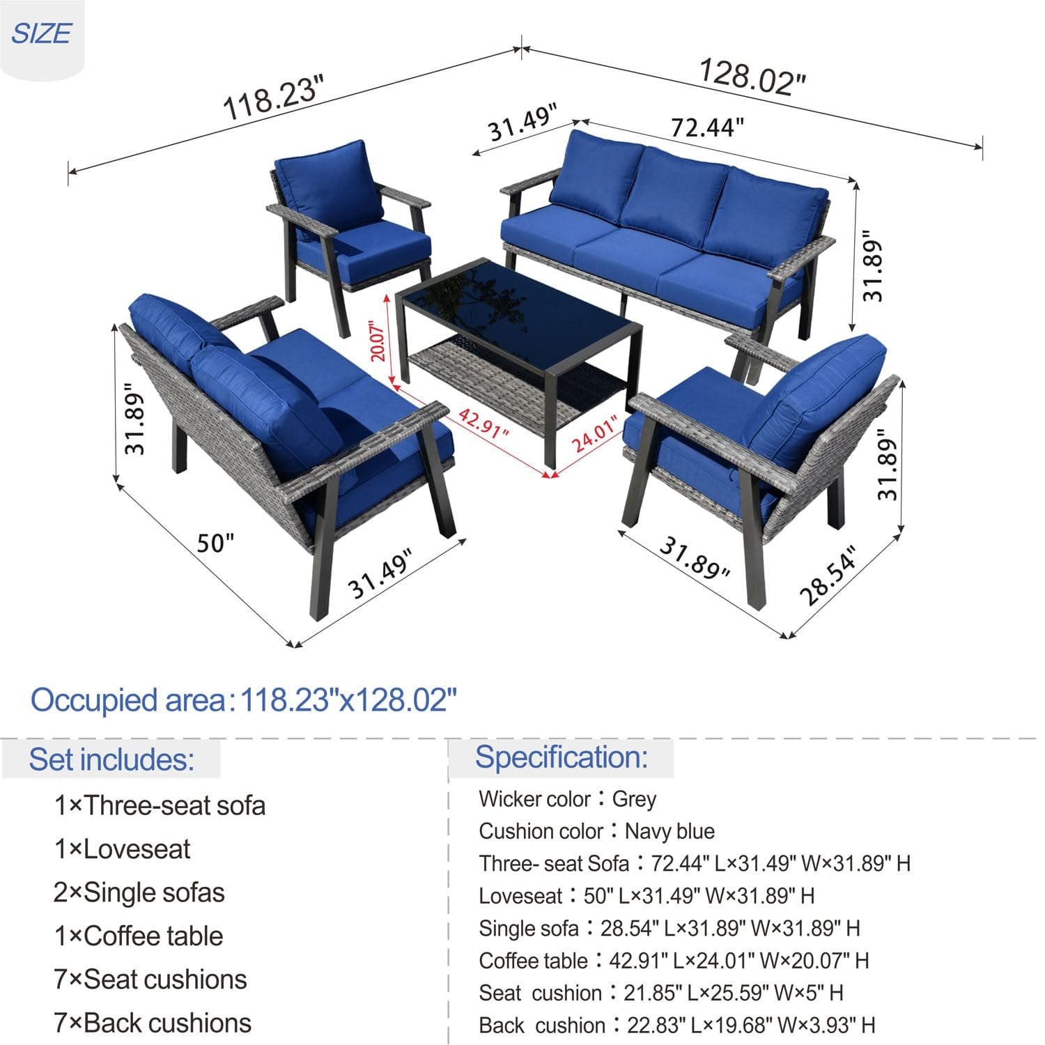 Ovios Patio Conversation Set 7 Person Seating with Table, 5''Cushion, Olefin Fabric