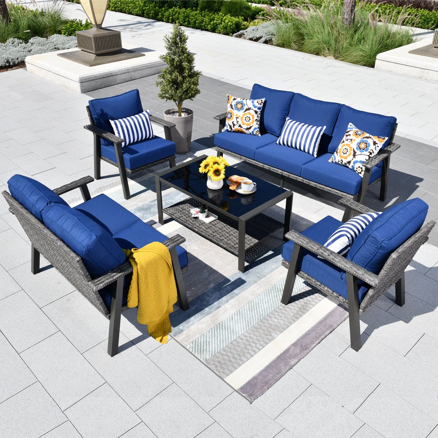 Ovios Patio Conversation Set 7 Person Seating with Table, 5''Cushion, Olefin Fabric