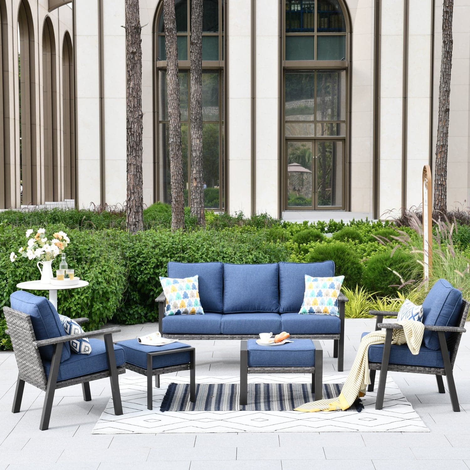 Ovios Patio Conversation Set 5 Piece with 2 Ottoman and 5'' Cushion, Olefin Fabric