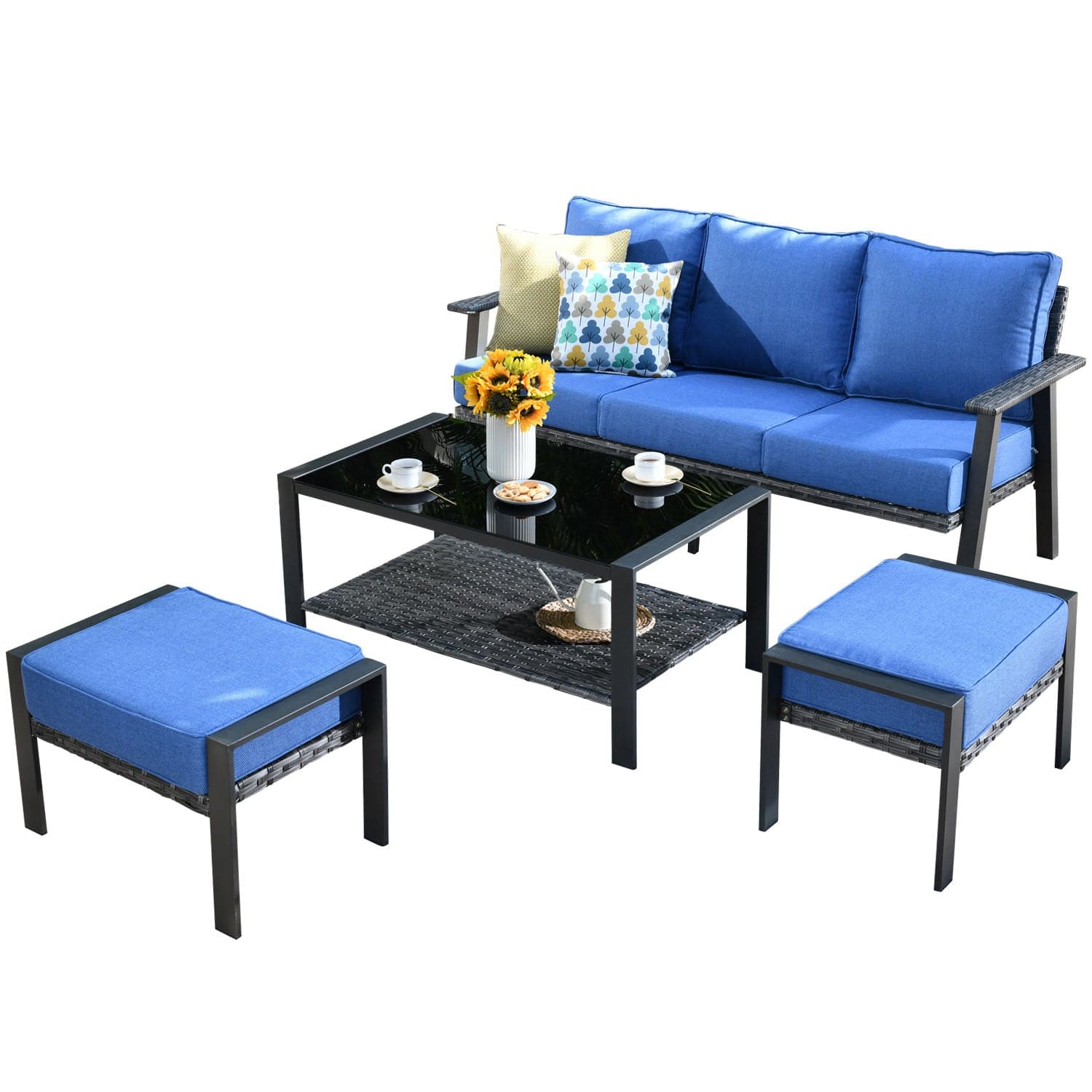 Ovios Patio Furniture Set 6 Piece With Table and Ottoman 5'' Cushion, Olefin Fabric
