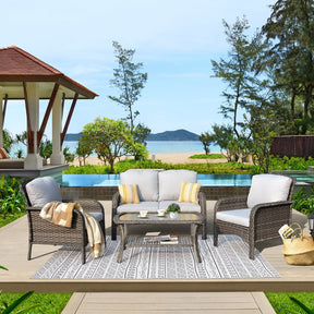 Ovios Outdoor Furniture 4-Piece High Back Grey Wicker with Cushion and Table