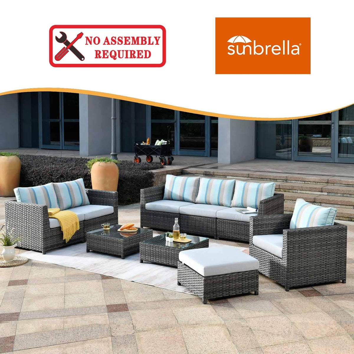 Ovios Patio Conversation 9-Piece Bigger Size Set with Grey Sunbrella, King Series, No Assembly Required