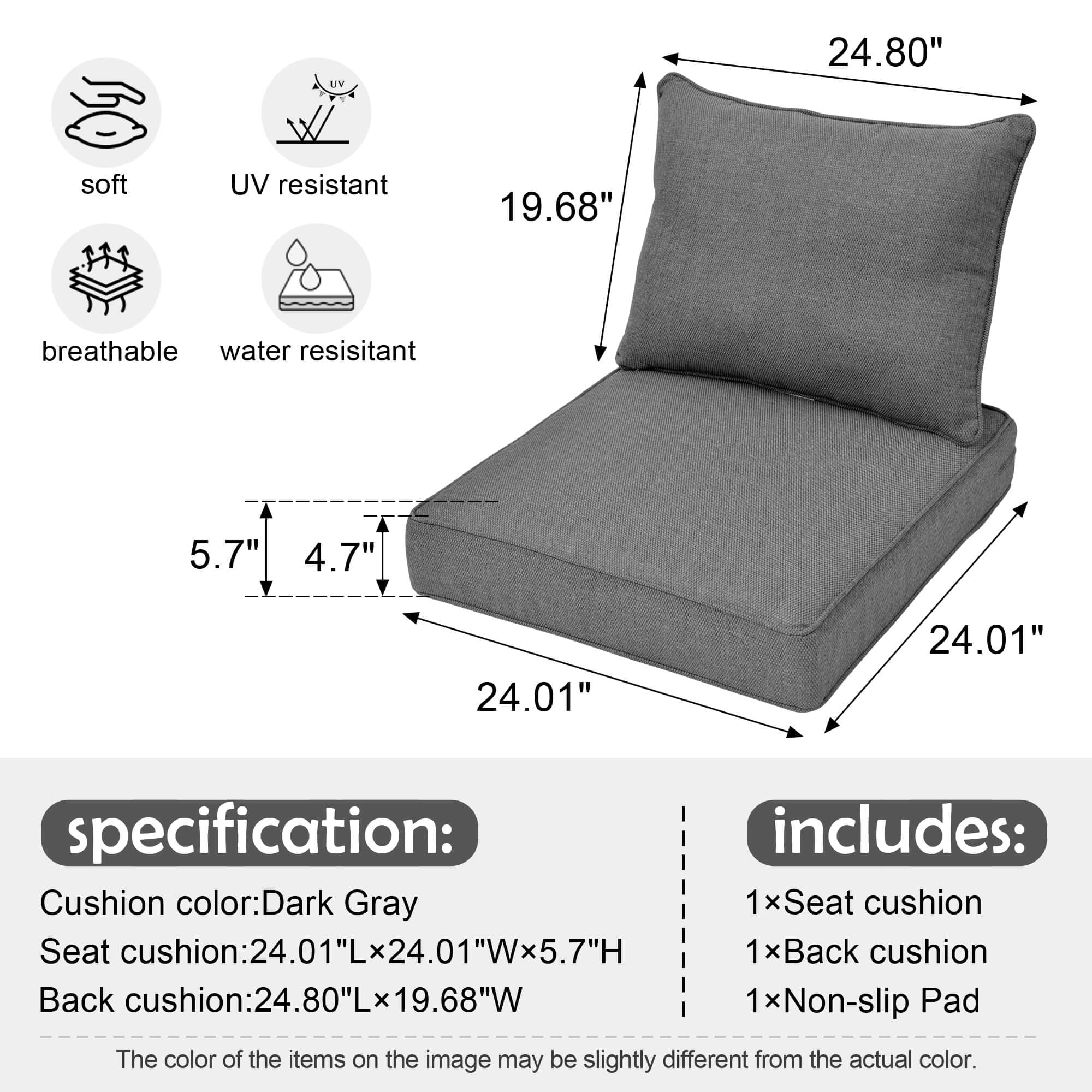 Ovios Replacement Seat Back Cushions Set with Olefin Fabric and Zipper, 24'' x 24'', Not Suitable for Ovios Patio Furniture