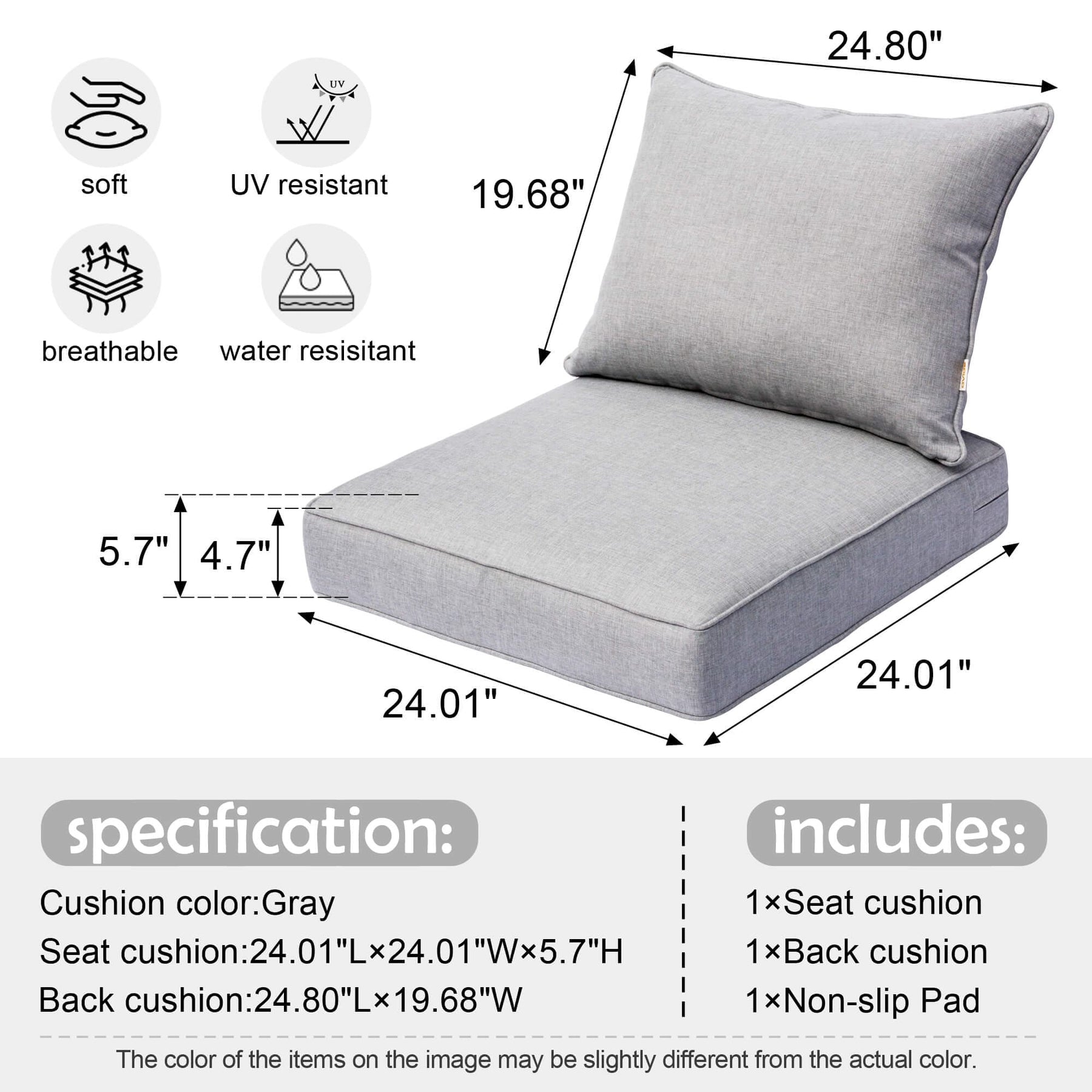 Ovios Replacement Seat Back Cushions Set with Olefin Fabric and Zipper, 24'' x 24'', Not Suitable for Ovios Patio Furniture