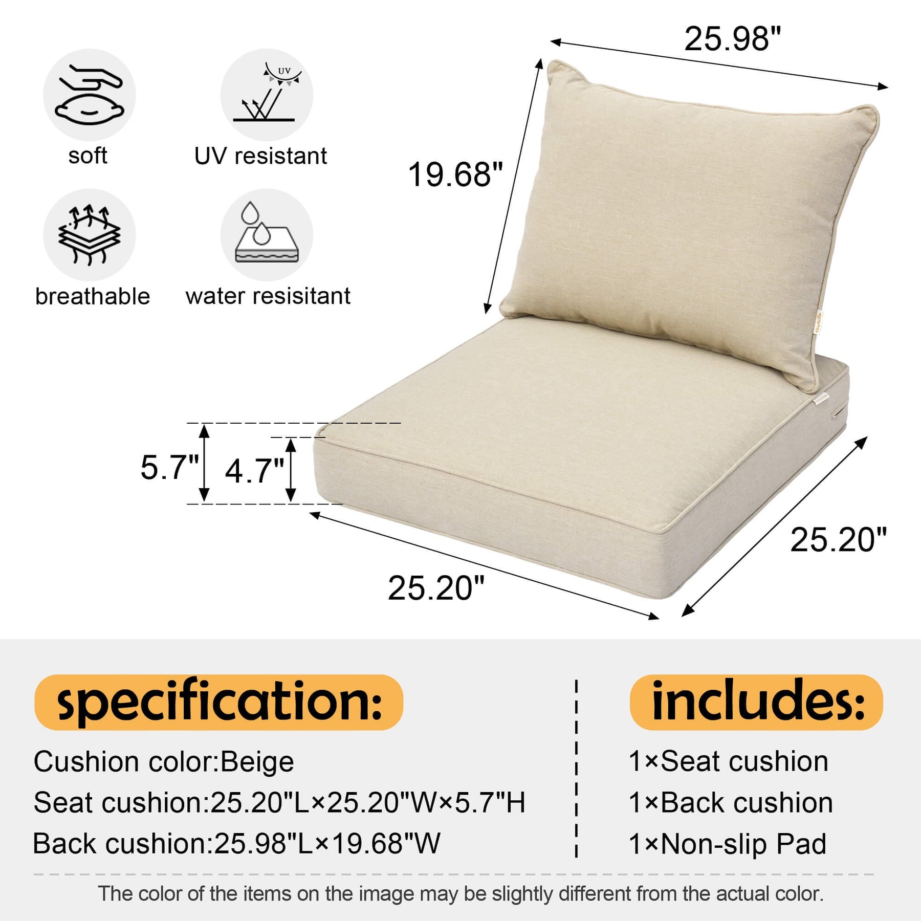 Ovios Replacement Seat Back Cushions Set with Olefin Fabric and Zipper, 25'' x 25'', Not suitable for Ovios Patio Furniture