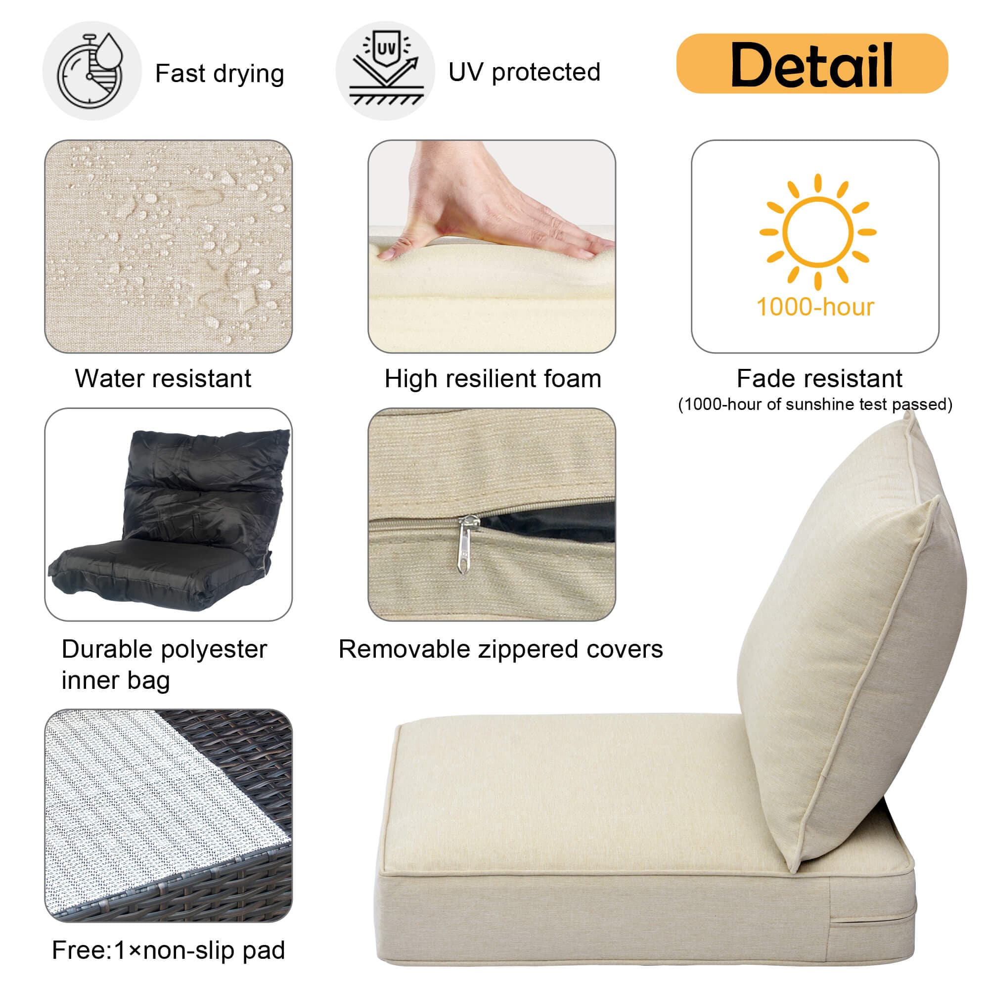 Ovios Seat Back Cushions - Stain Resistant, UV Resistant