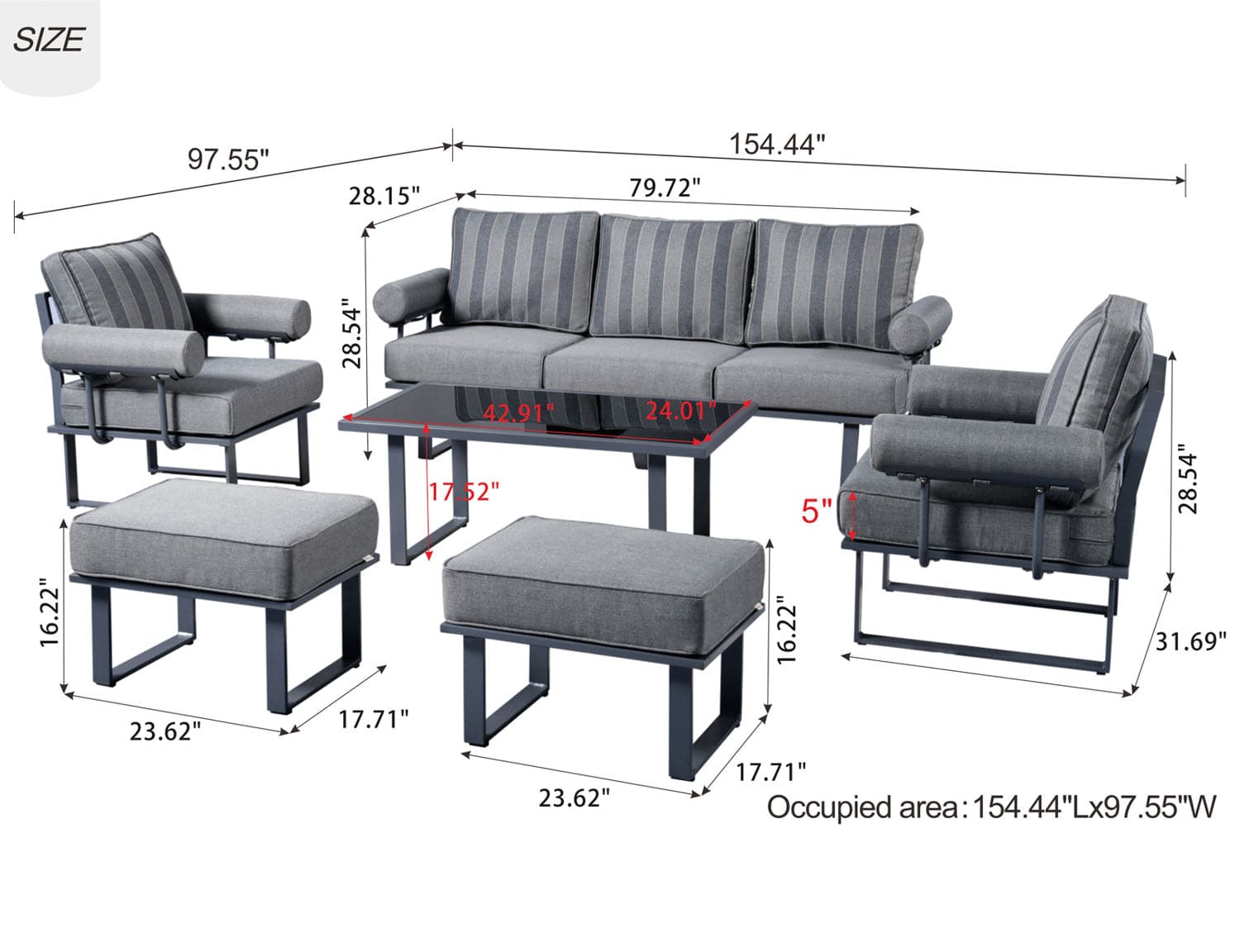 Ovios Aluminum Patio Furniture Set 6-Piece with Table and Ottoman