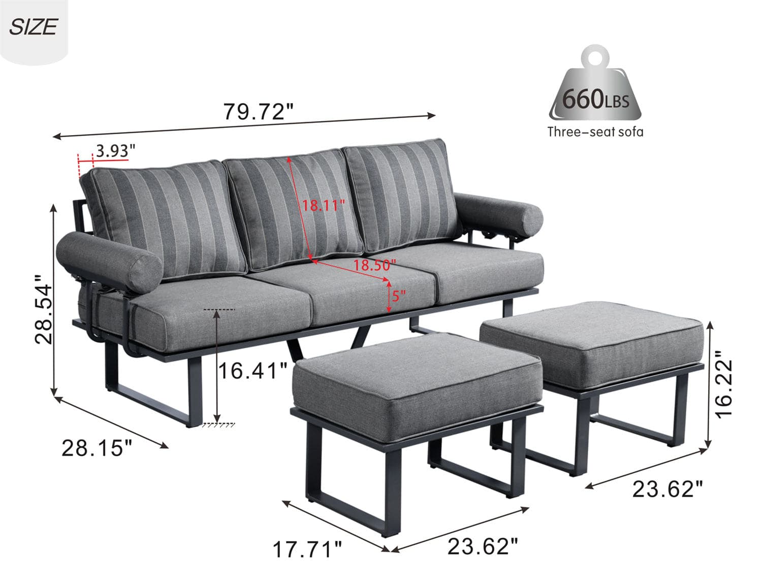 Ovios Outdoor Bistro Set 3-Piece with 2 Ottoman, Aluminum Frame, 5'' Cushion