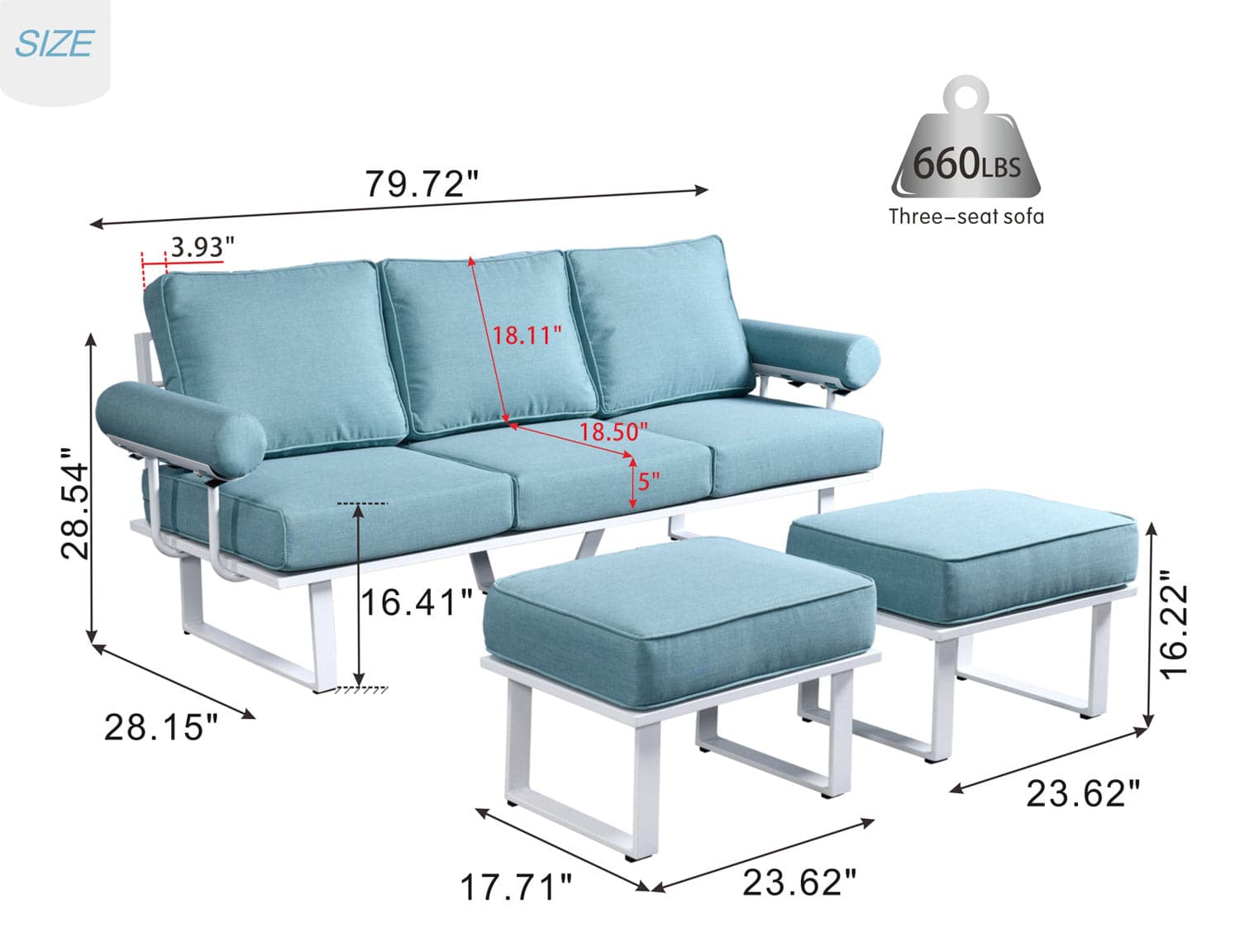 Ovios Outdoor Bistro Set 3-Piece with 2 Ottoman, Aluminum Frame, 5'' Cushion