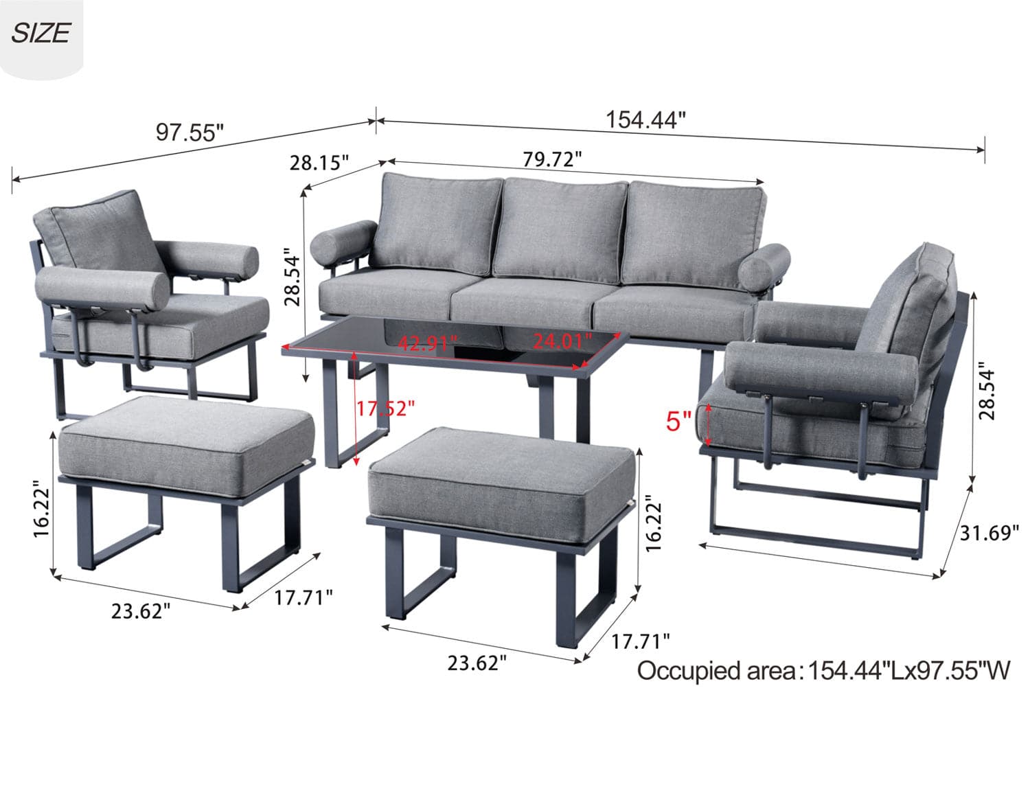 Ovios Aluminum Patio Furniture Set 6-Piece with Table and Ottoman