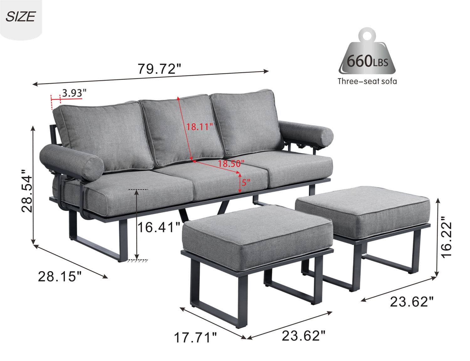 Ovios Outdoor Bistro Set 3-Piece with 2 Ottoman, Aluminum Frame, 5'' Cushion