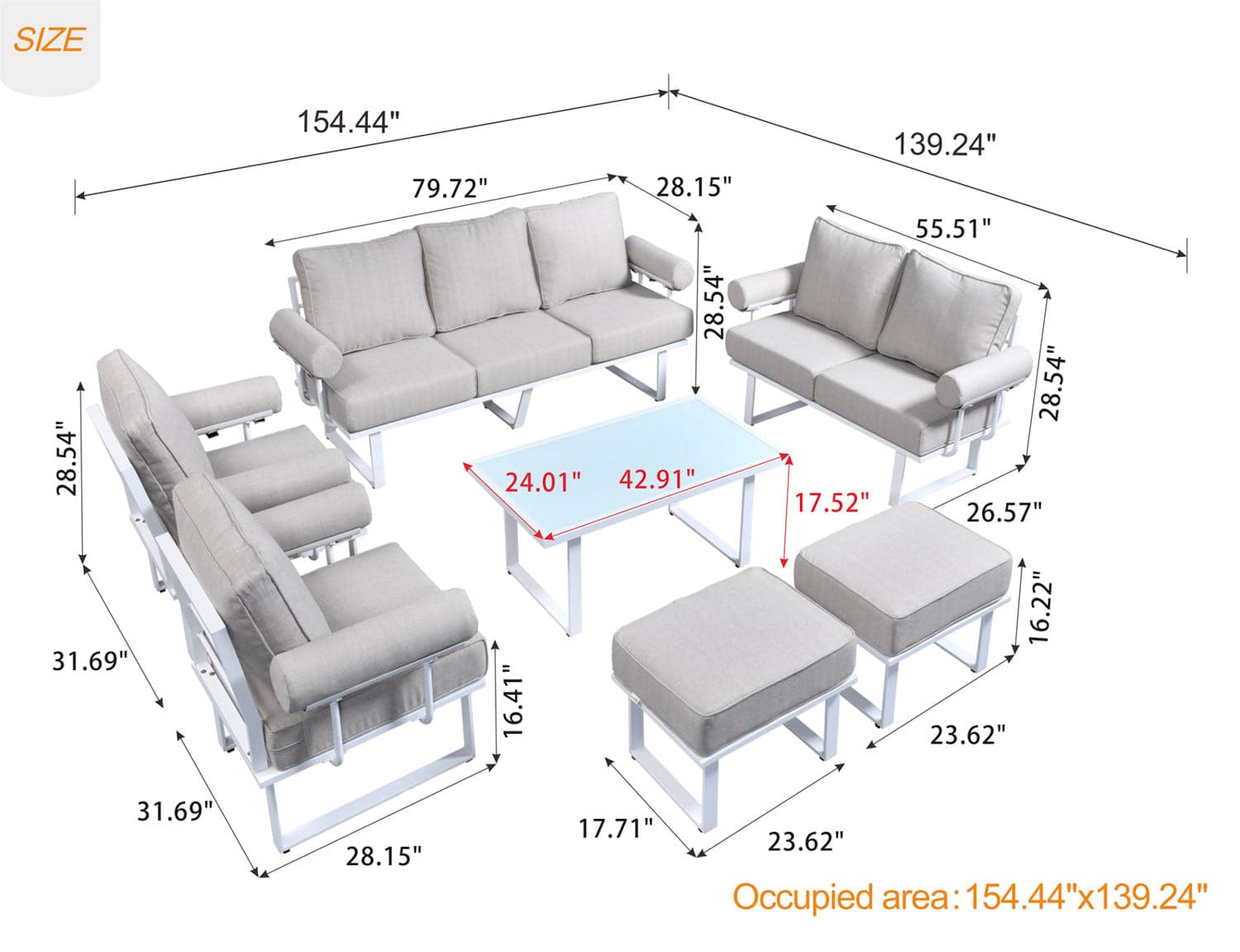 Ovios Outdoor Furniture 7 Piece with Table and 2 Ottomans, Aluminum Frame