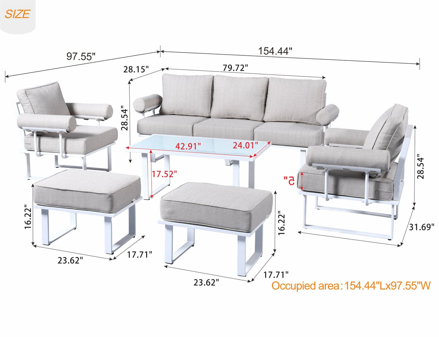 Ovios Aluminum Patio Furniture Set 6-Piece with Table and Ottoman