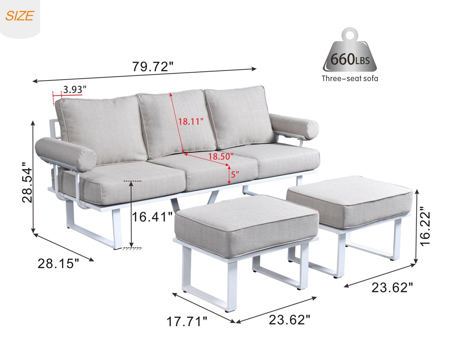 Ovios Outdoor Bistro Set 3-Piece with 2 Ottoman, Aluminum Frame, 5'' Cushion