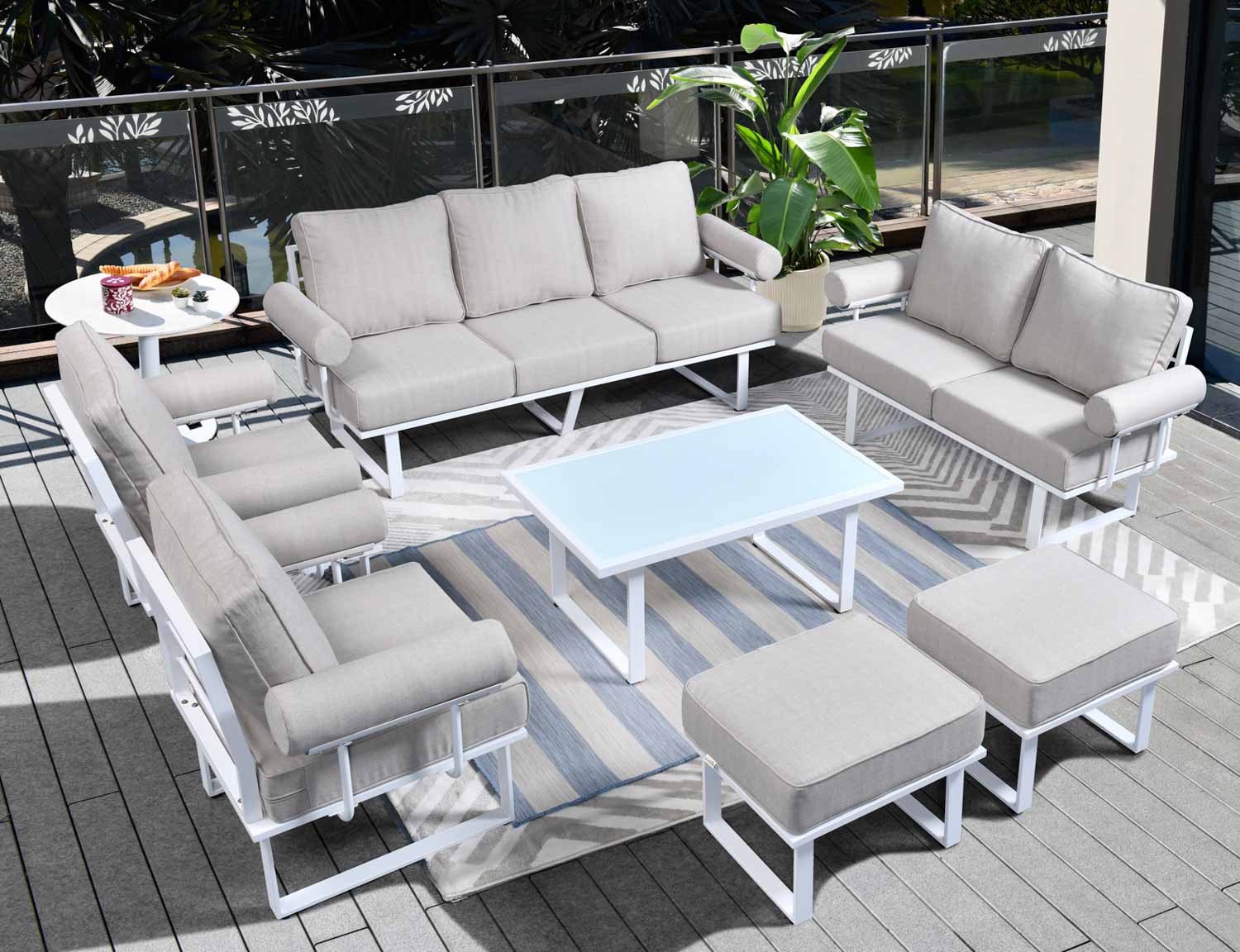 Ovios Outdoor Furniture 7 Piece with Table and 2 Ottomans, Aluminum Frame