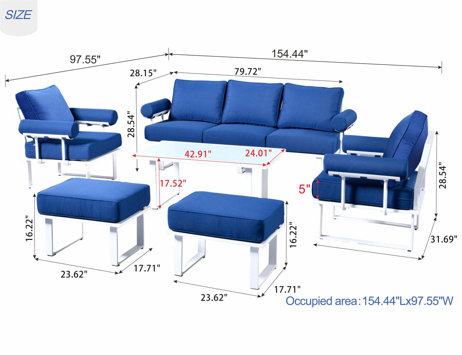 Ovios Aluminum Patio Furniture Set 6-Piece with Table and Ottoman