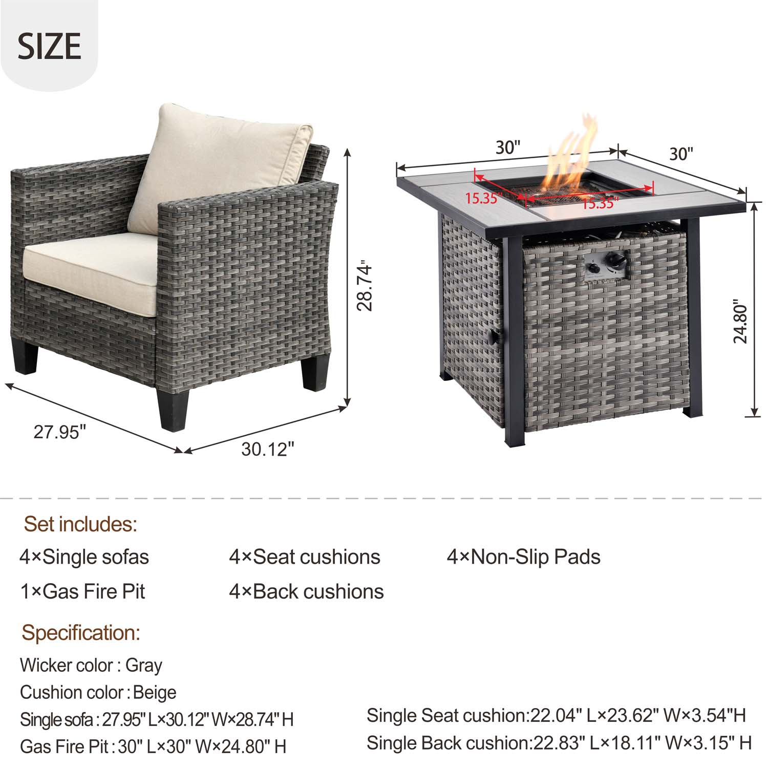 Ovios Patio Furniture Set 5-Piece with 30'' Fire Pit Table and Vultros Chairs