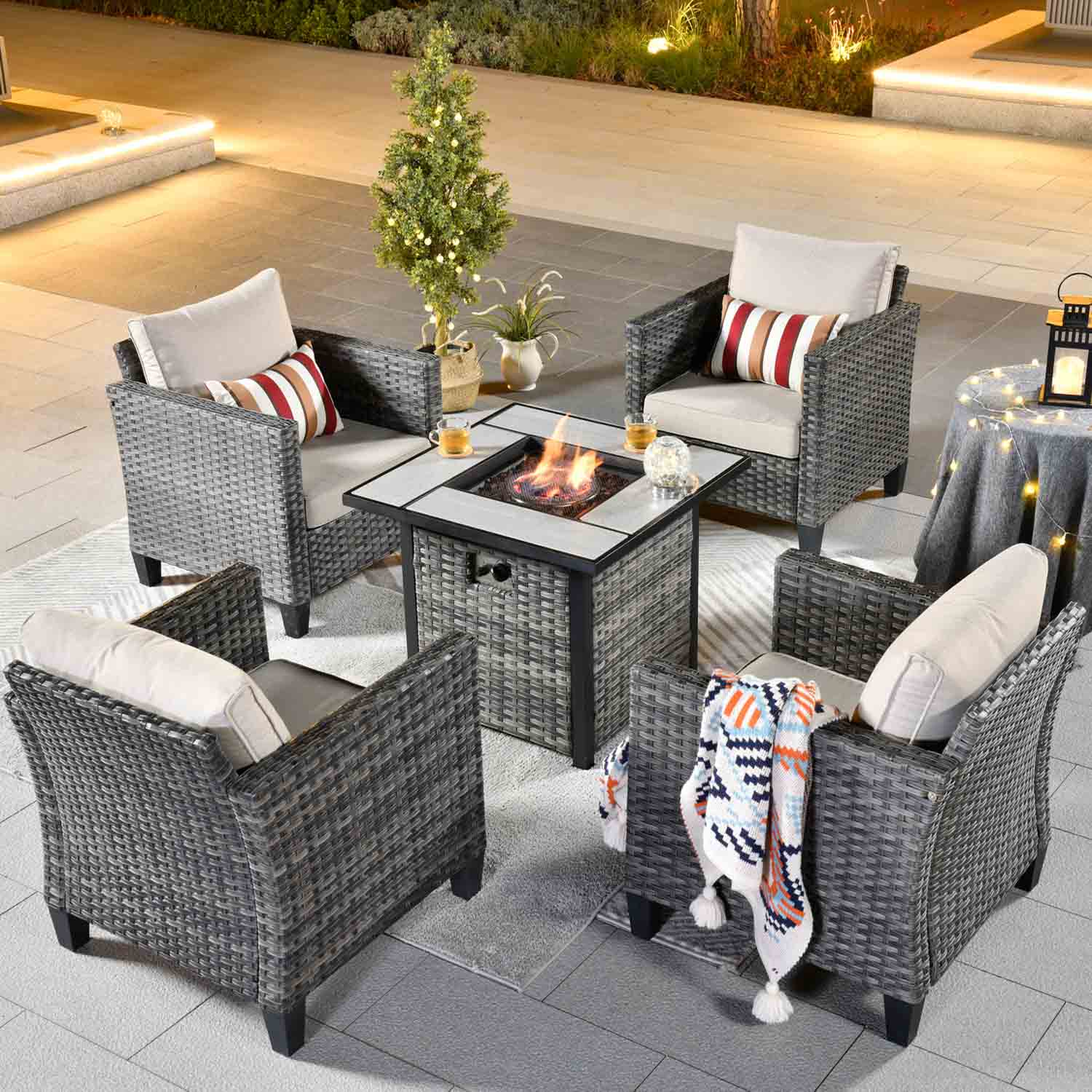 Ovios Patio Furniture Set 5-Piece with 30'' Fire Pit Table and Vultros Chairs