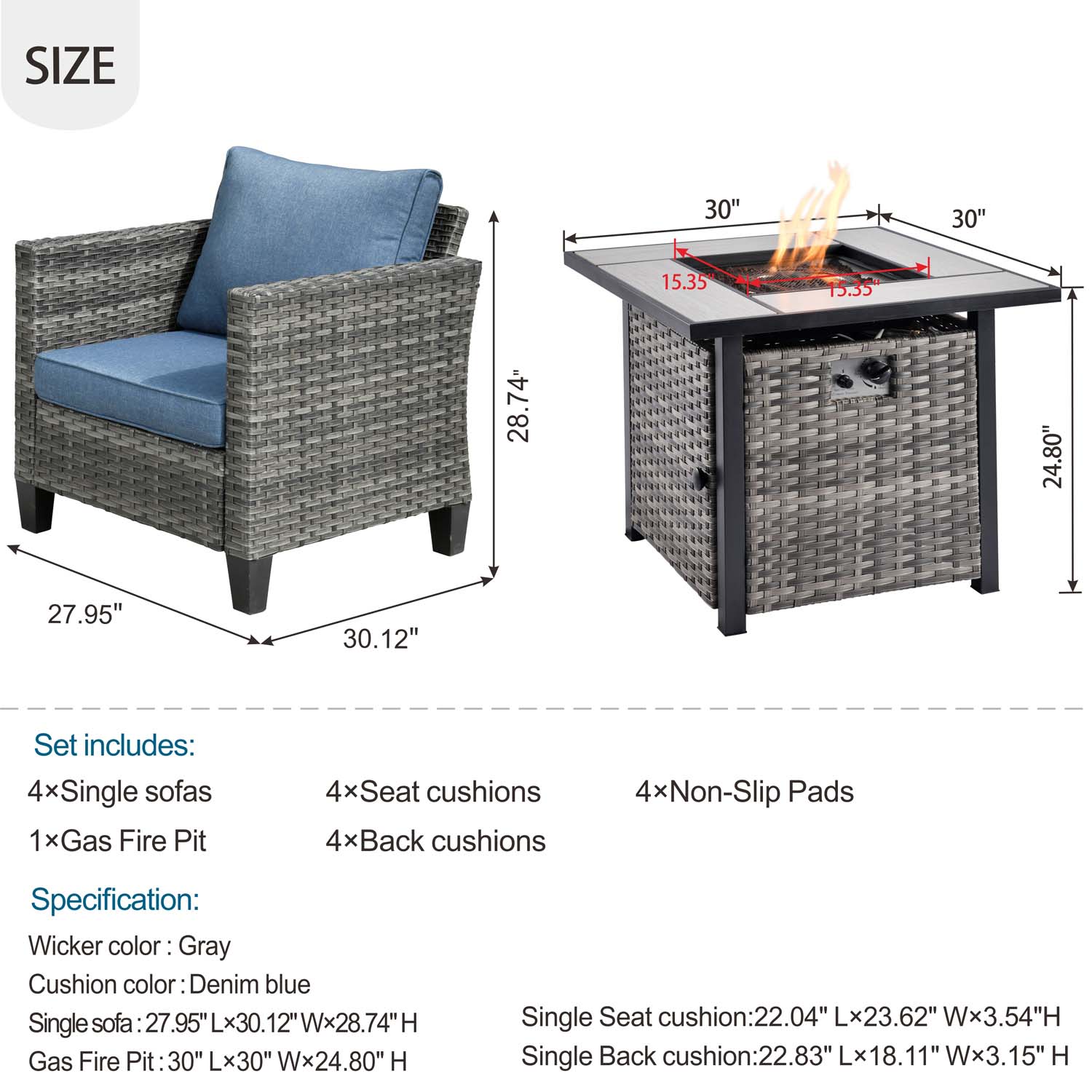 Ovios Patio Furniture Set 5-Piece with 30'' Fire Pit Table and Vultros Chairs