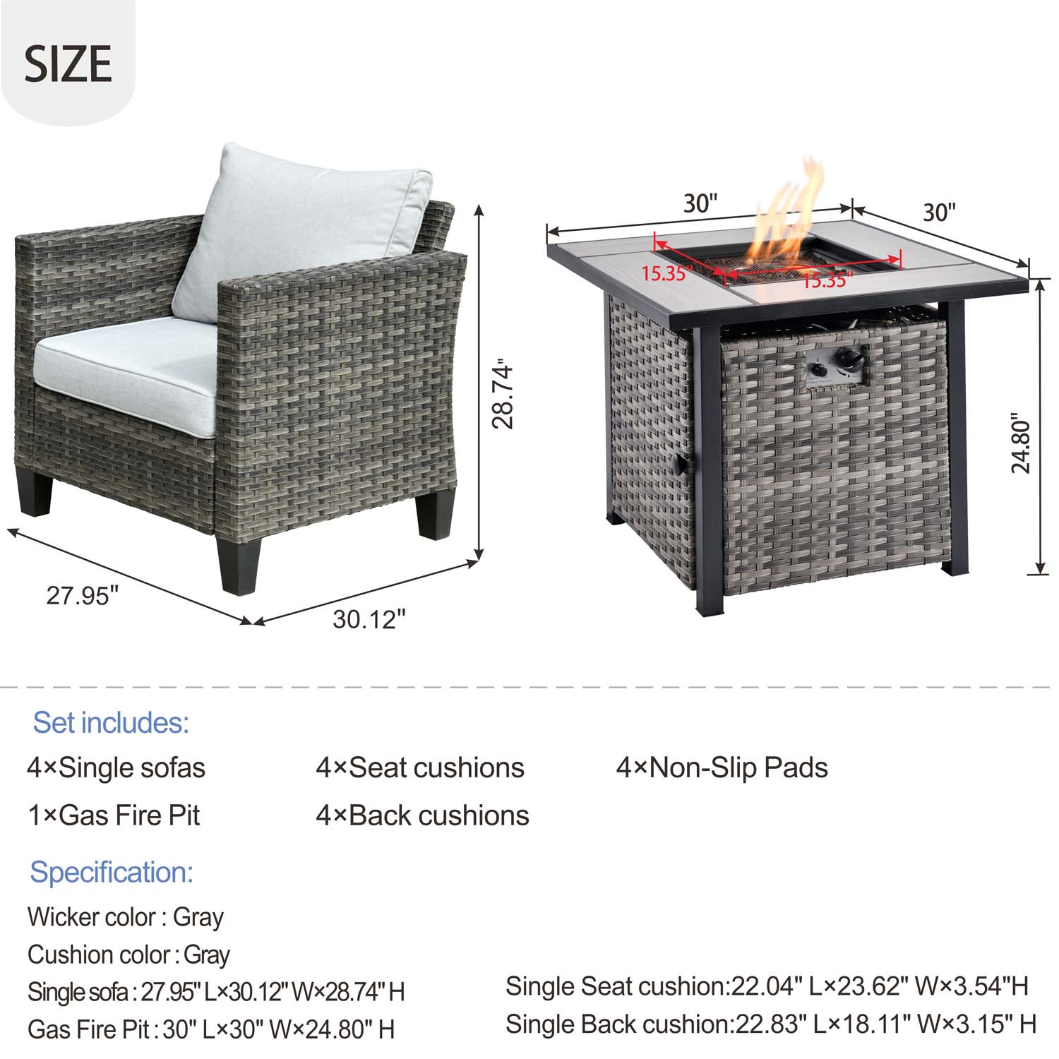 Ovios Patio Furniture Set 5-Piece with 30'' Fire Pit Table and Vultros Chairs