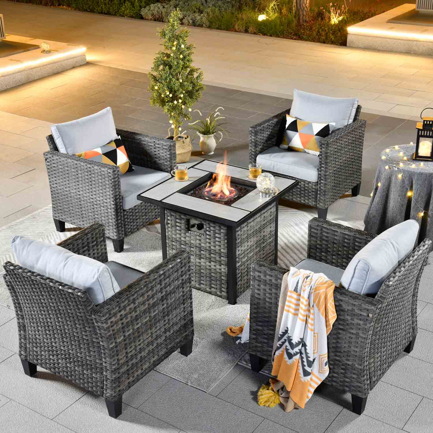 Ovios Patio Furniture Set 5-Piece with 30'' Fire Pit Table and Vultros Chairs