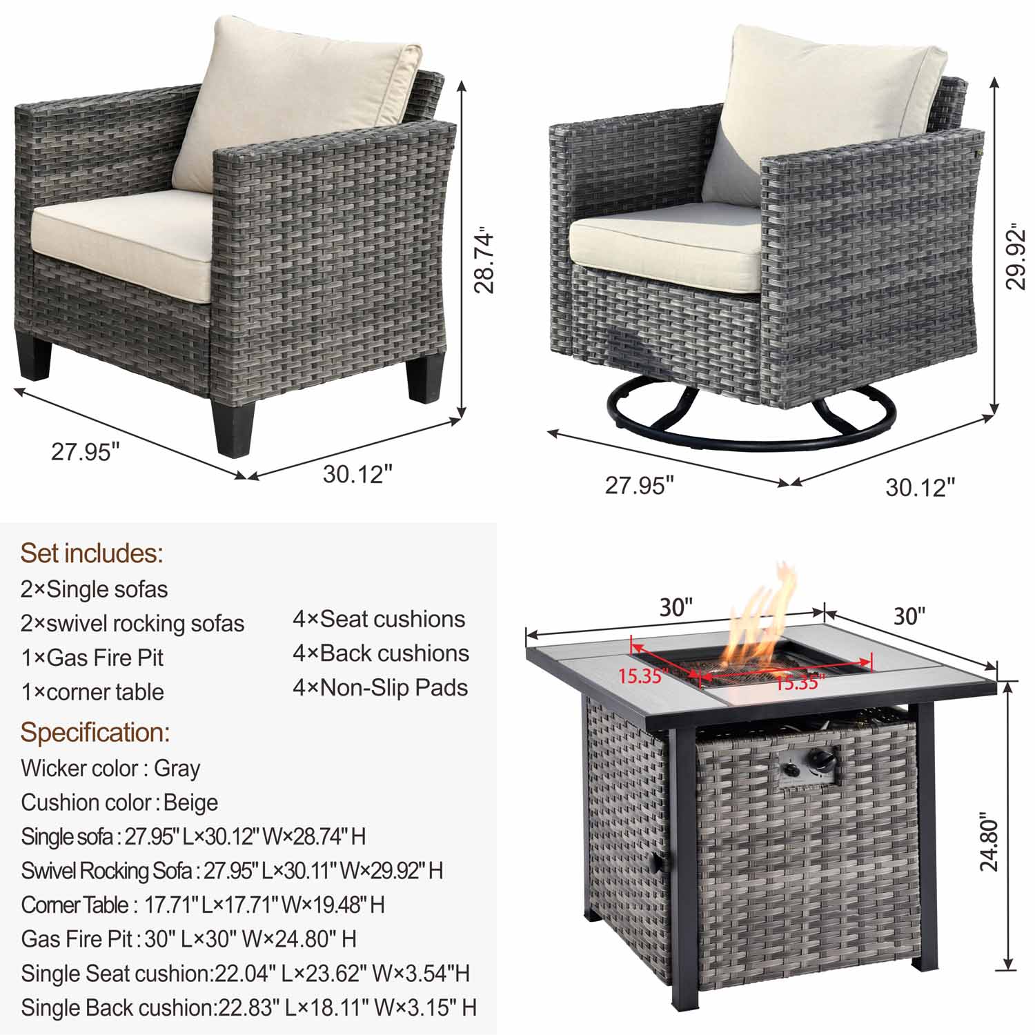 Ovios Patio Vultros 6-Piece Conversation Set, 2 Swivel Chairs 2 Chairs with 30'' Propane Fire Pit Table