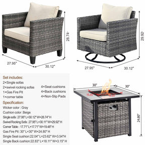 Ovios Patio Vultros 6-Piece Conversation Set, 2 Swivel Chairs 2 Chairs with 30'' Propane Fire Pit Table