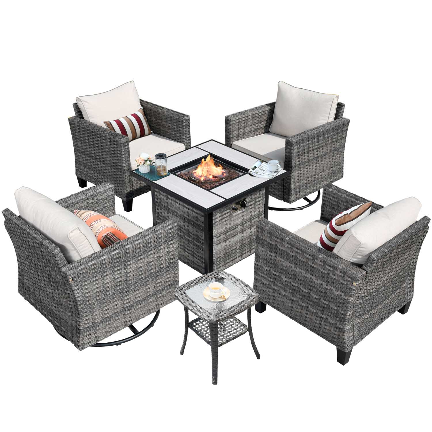 Ovios Patio Vultros 6-Piece Conversation Set, 2 Swivel Chairs 2 Chairs with 30'' Propane Fire Pit Table