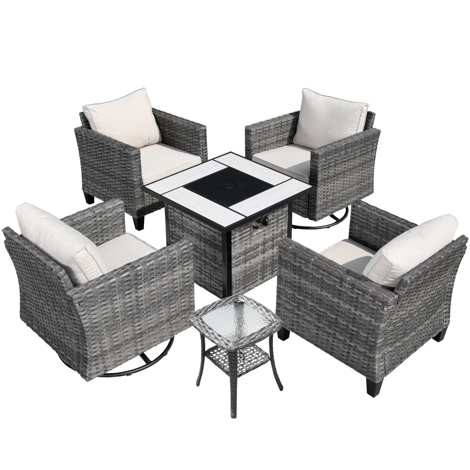 Ovios Patio Vultros 6-Piece Conversation Set, 2 Swivel Chairs 2 Chairs with 30'' Propane Fire Pit Table