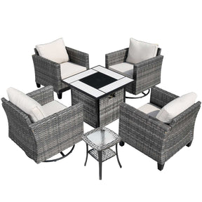 Ovios Patio Vultros 6-Piece Conversation Set, 2 Swivel Chairs 2 Chairs with 30'' Propane Fire Pit Table