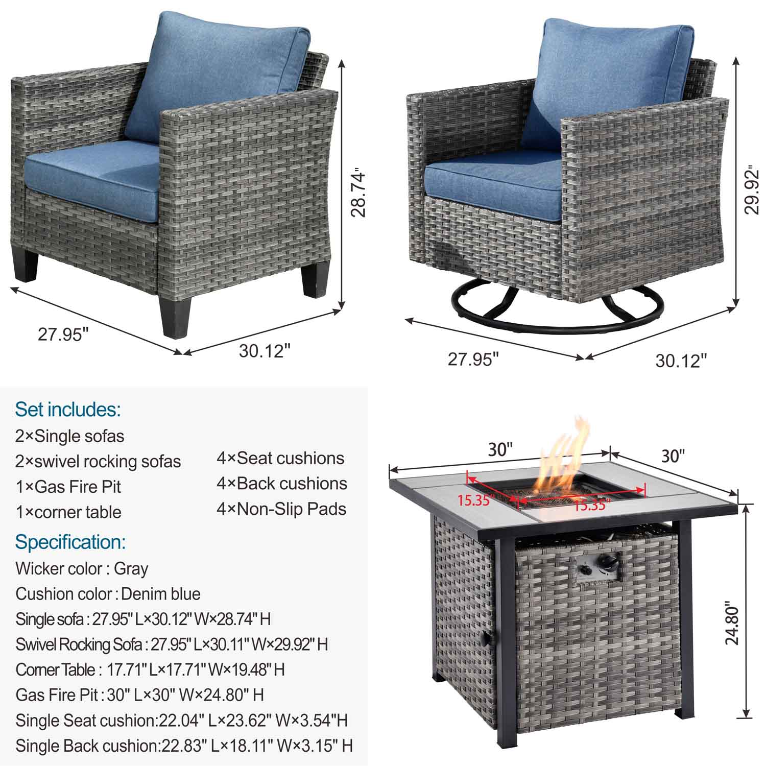 Ovios Patio Vultros 6-Piece Conversation Set, 2 Swivel Chairs 2 Chairs with 30'' Propane Fire Pit Table