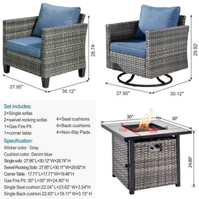 Ovios Patio Vultros 6-Piece Conversation Set, 2 Swivel Chairs 2 Chairs with 30'' Propane Fire Pit Table