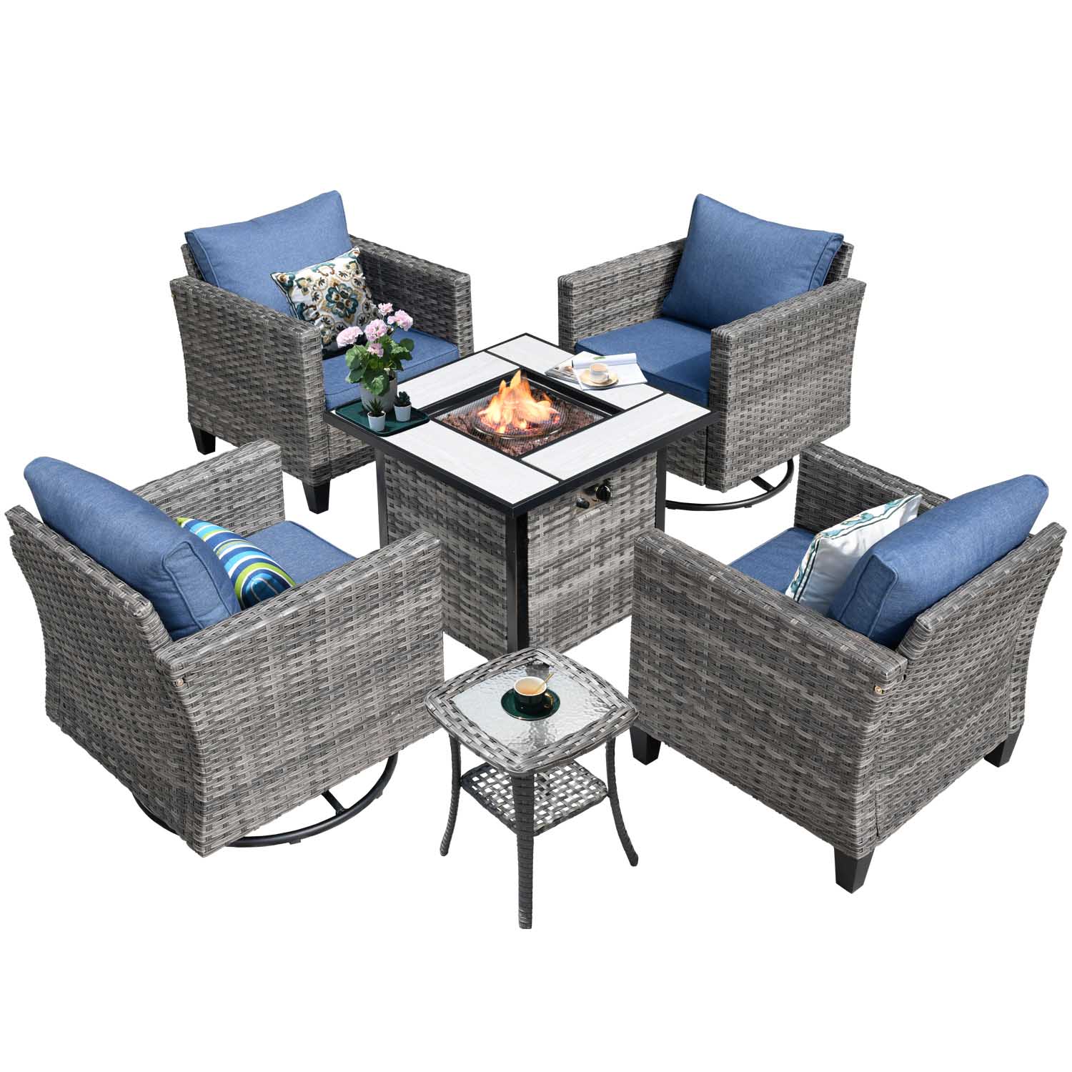 Ovios Patio Vultros 6-Piece Conversation Set, 2 Swivel Chairs 2 Chairs with 30'' Propane Fire Pit Table