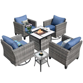 Ovios Patio Vultros 6-Piece Conversation Set, 2 Swivel Chairs 2 Chairs with 30'' Propane Fire Pit Table