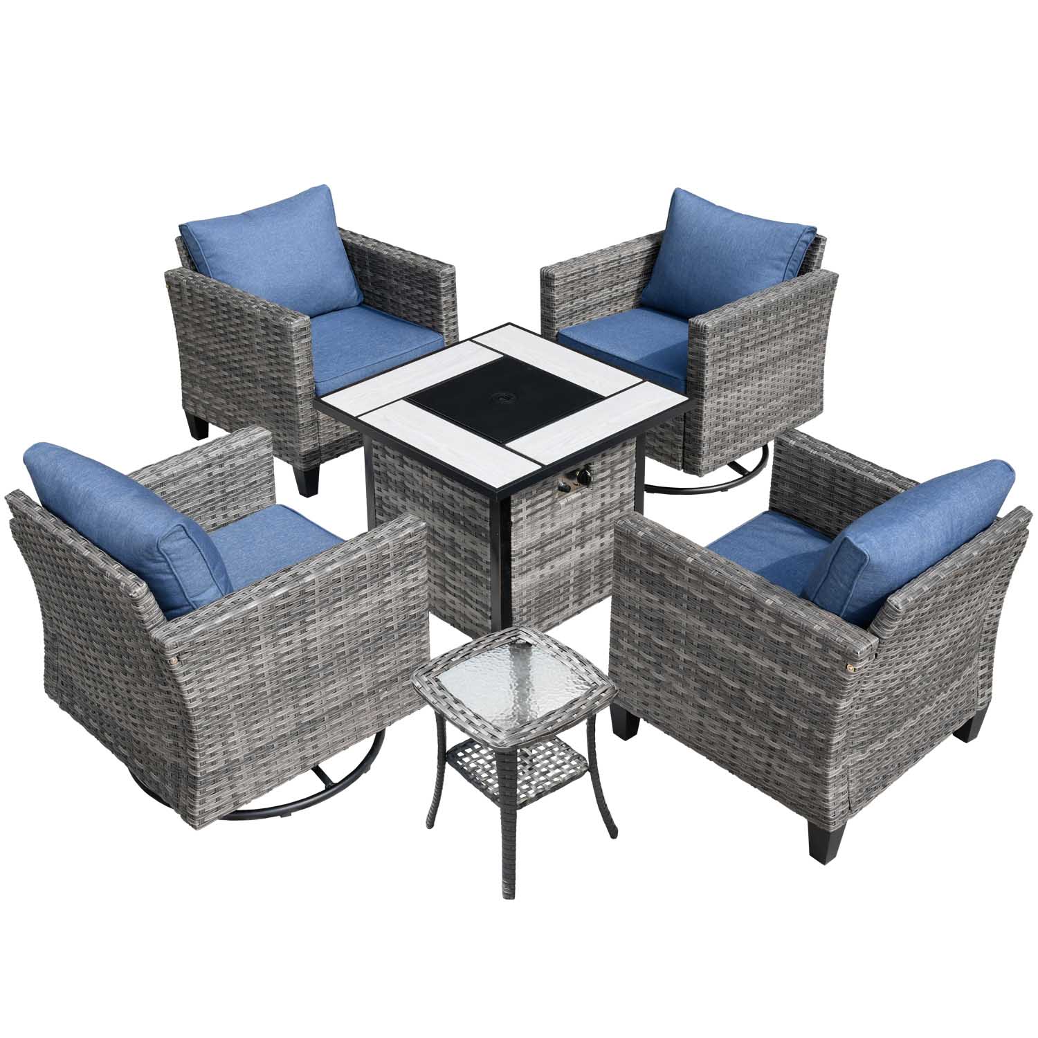 Ovios Patio Vultros 6-Piece Conversation Set, 2 Swivel Chairs 2 Chairs with 30'' Propane Fire Pit Table