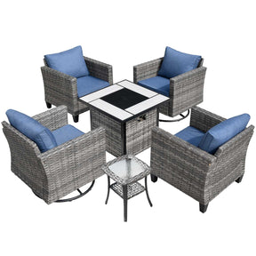 Ovios Patio Vultros 6-Piece Conversation Set, 2 Swivel Chairs 2 Chairs with 30'' Propane Fire Pit Table