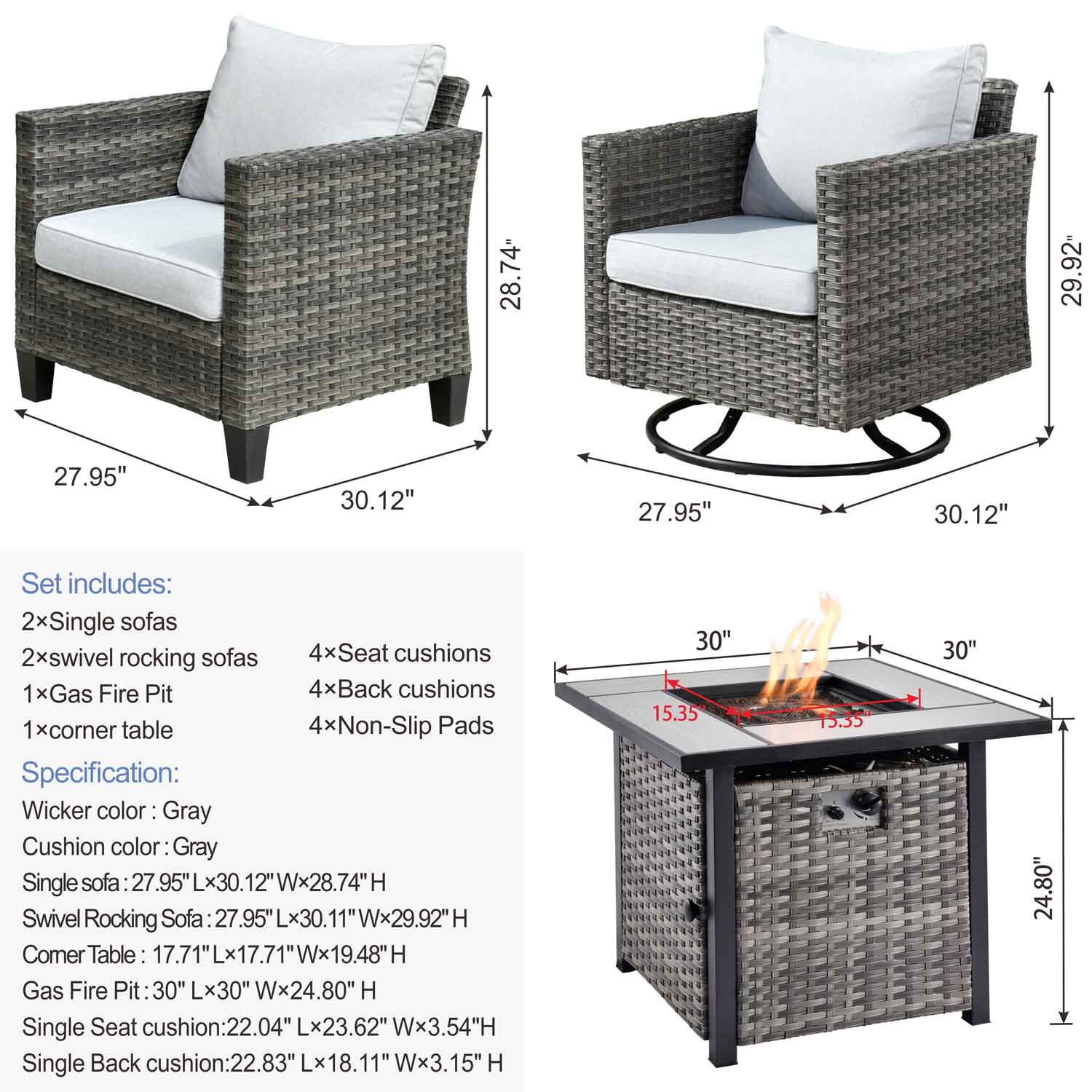 Ovios Patio Vultros 6-Piece Conversation Set, 2 Swivel Chairs 2 Chairs with 30'' Propane Fire Pit Table