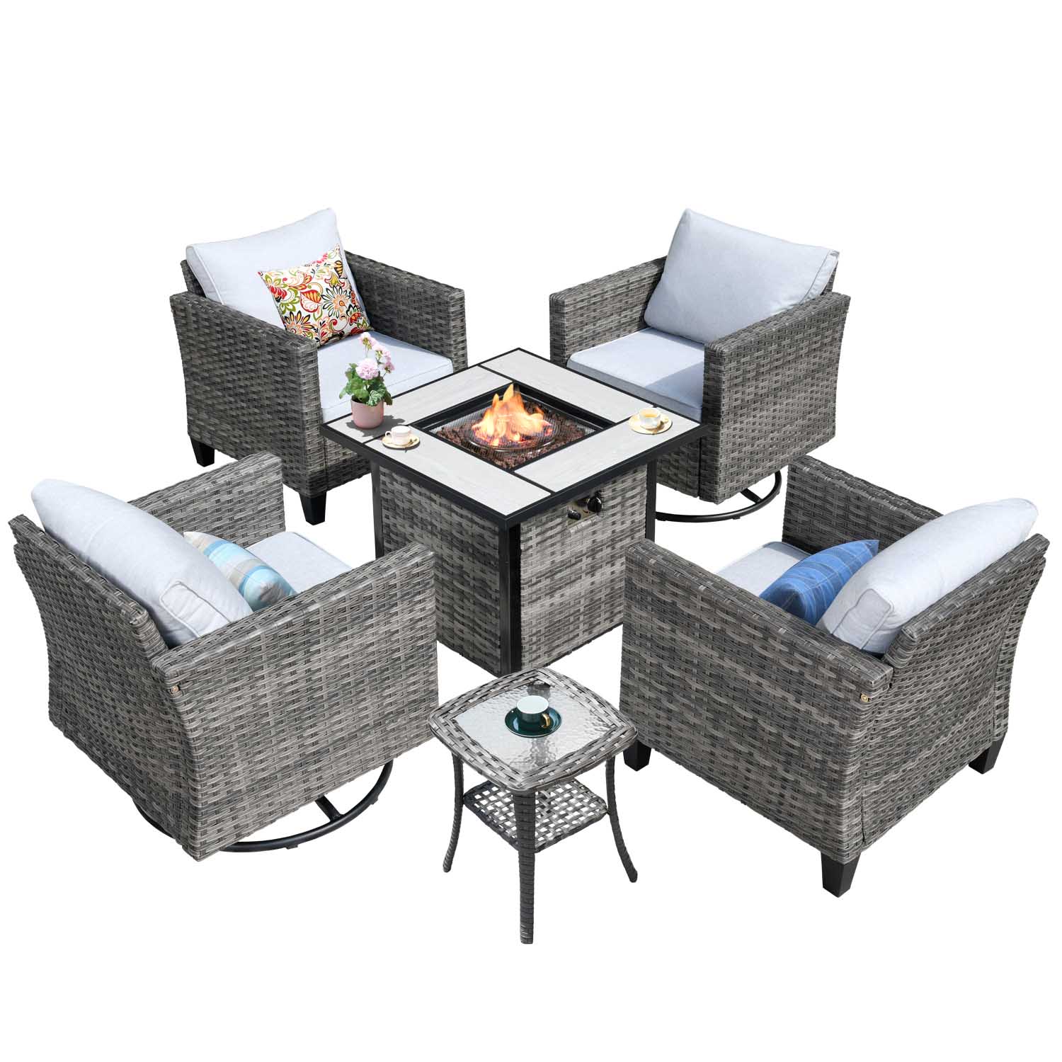 Ovios Patio Vultros 6-Piece Conversation Set, 2 Swivel Chairs 2 Chairs with 30'' Propane Fire Pit Table