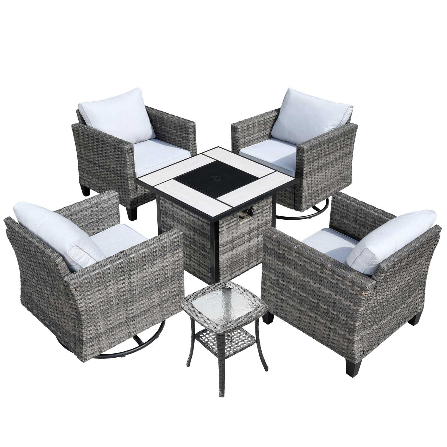 Ovios Patio Vultros 6-Piece Conversation Set, 2 Swivel Chairs 2 Chairs with 30'' Propane Fire Pit Table